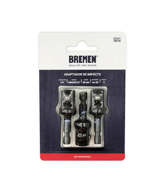 ADAPTADOR IMPACTO 1/4" Hexagonal x 1/2" Cuadrado Macho ( 50mm) [3 unid] BREMEN® (7874)