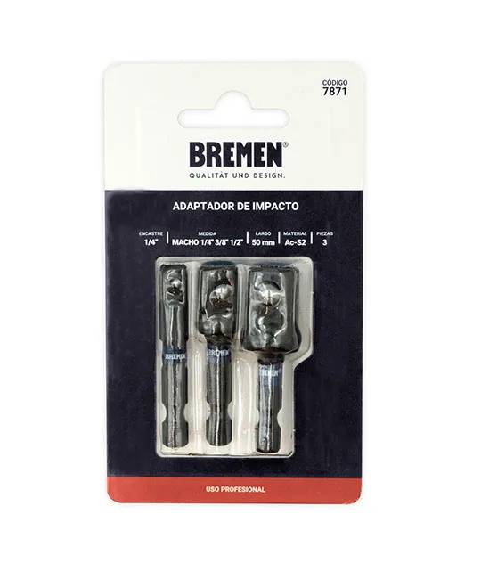ADAPTADOR IMPACTO 1/4" Hexagonal x 1/4" 3/8" 1/2" Cuadrado Macho ( 50mm) [3 unid] BREMEN® (7871)