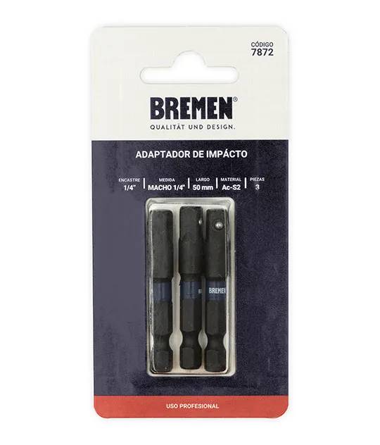 ADAPTADOR IMPACTO 1/4" Hexagonal x 1/4" Cuadrado Macho ( 50mm) [3 unid] BREMEN® (7872)