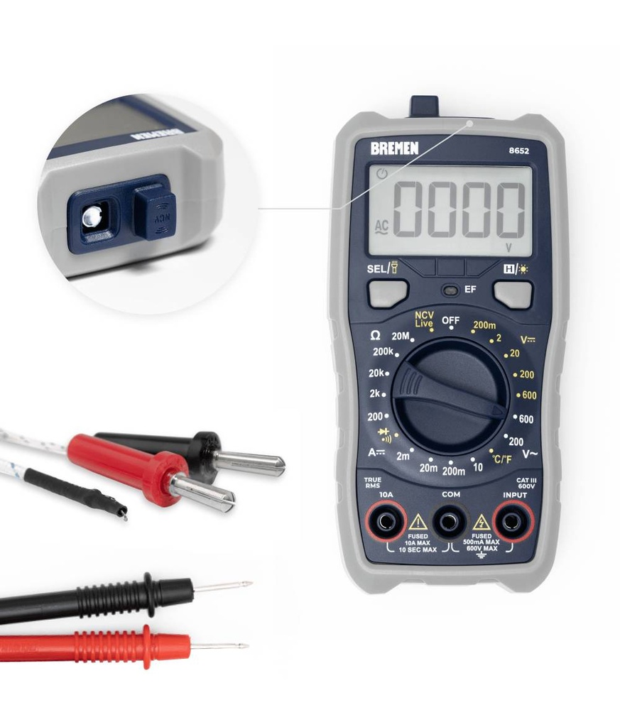 MULTÍMETRO DIGITAL TRUE RMS CON MED.DE TEMPERATURA BREMEN® (8652)