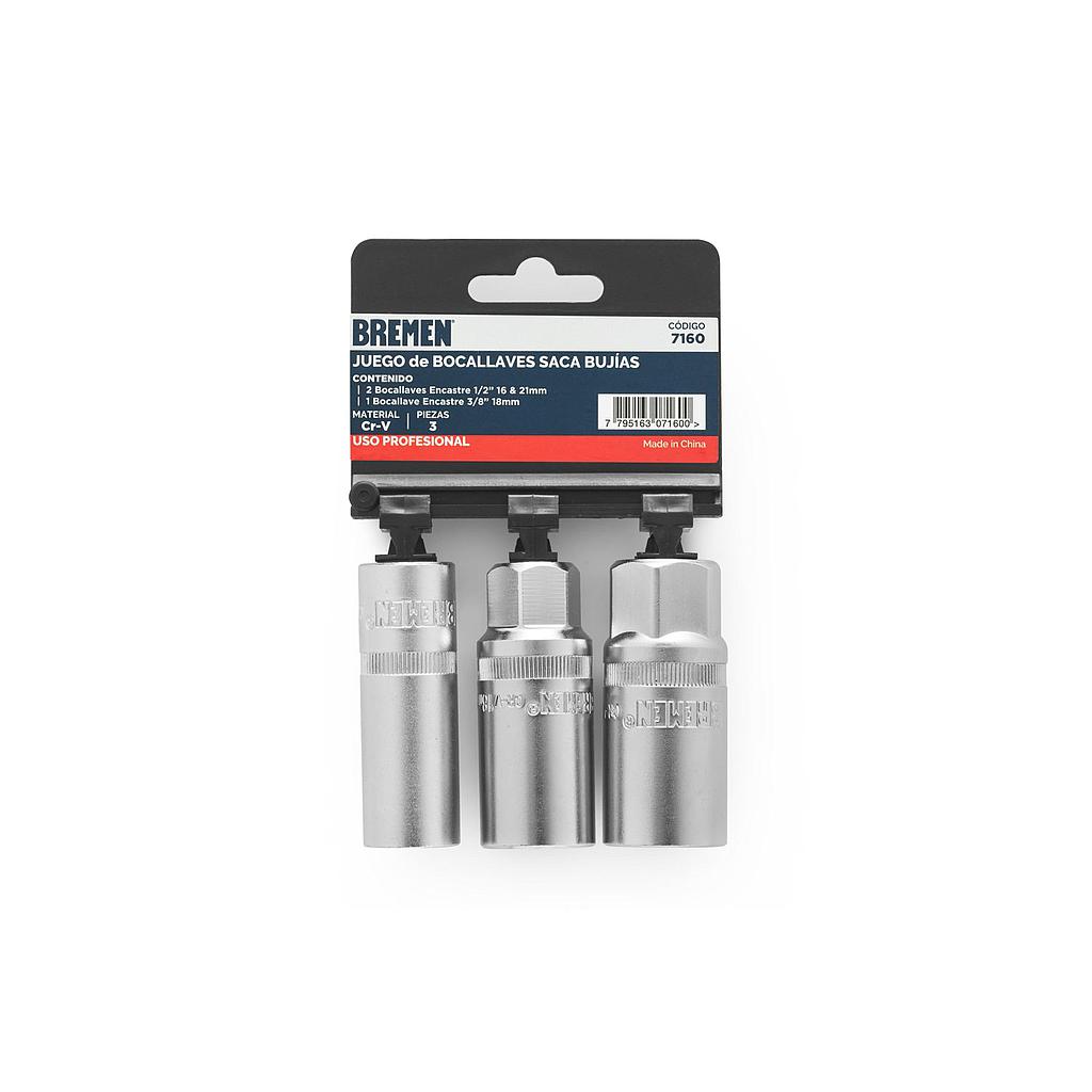 BOCALLAVE SACA BUJIAS x 3 Pzs (Enc.1/2" 16 & 21mm-Enc. 3/8" 18mm) BREMEN® (7160)