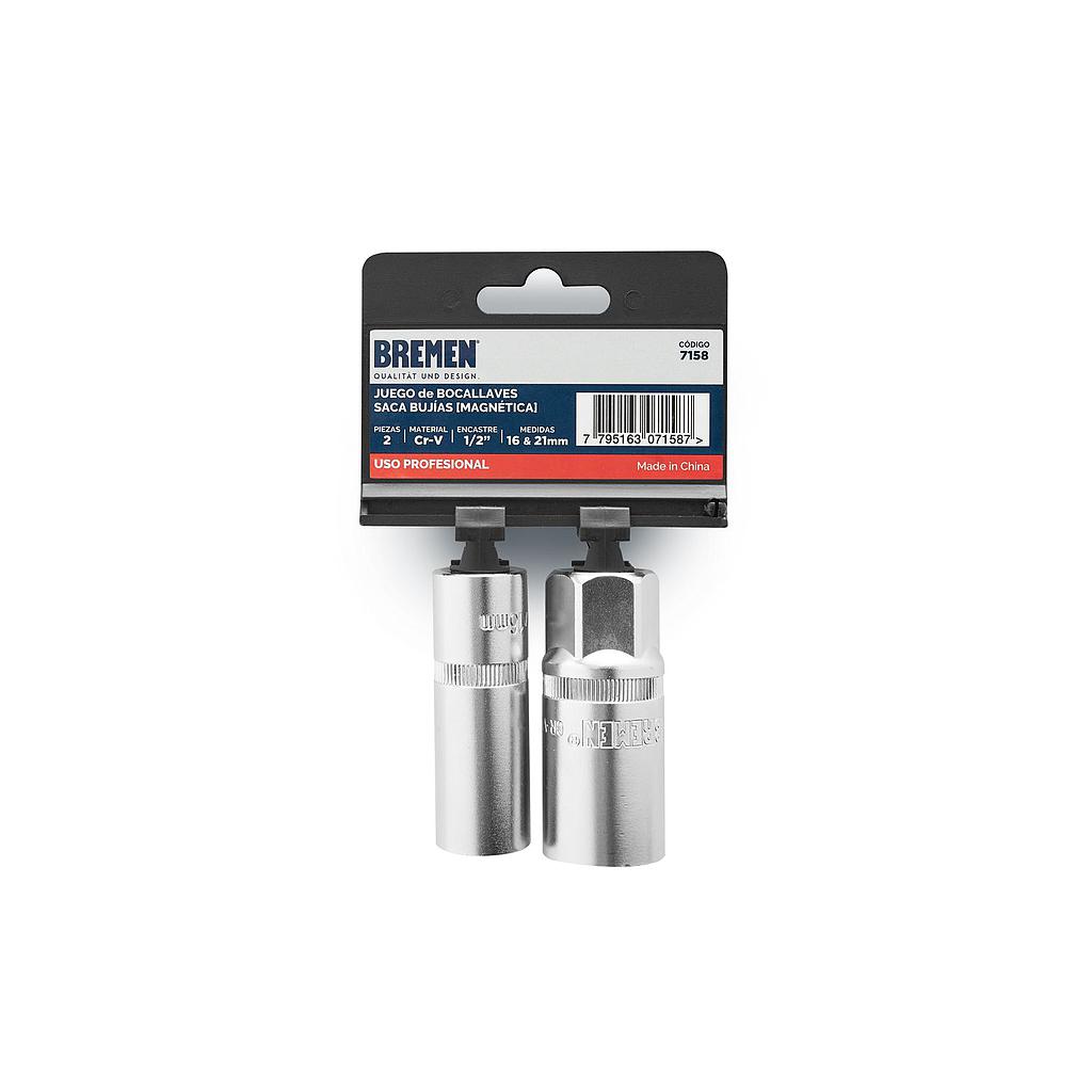 BOCALLAVE SACA BUJIAS x 2 Pzs (Enc.1/2" 16 & 21mm) [MAGNÉTICA] Cr-V BREMEN® (7158)