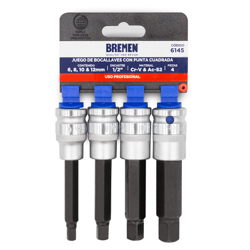 BOC.PUNTA CUADRADA x 4 Pzs. Enc.½" (6, 8, 10 y 12mm x100 mm )  BREMEN® (6145)