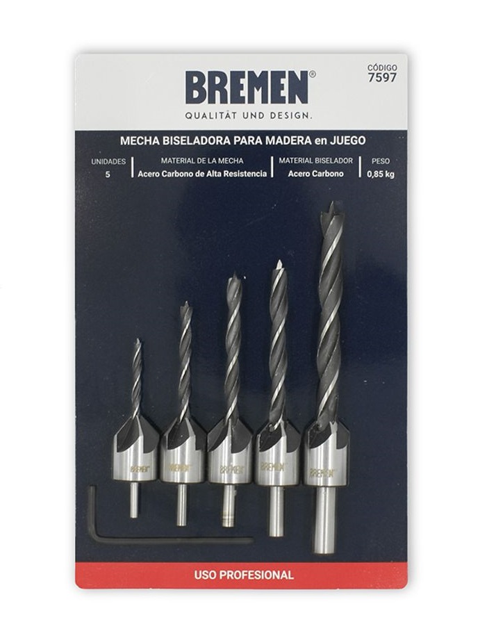 [BREMBJ] Mecha Biseladora p/Madera x 5 Pzs. (3, 4, 5, 6 & 8mm) BREMEN® (7597)