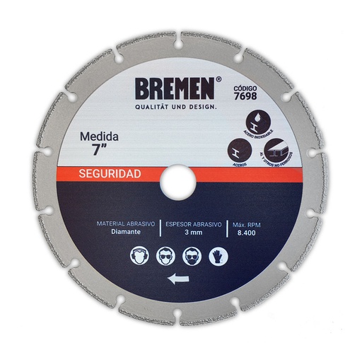 [7698] DISCO DIAM. BREMEN® 7" p/ CORTE METAL (ALTO RENDIMIENTO) (7698)