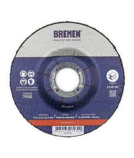 [BREDO44] DISCO DE DESBASTE 4-1/2" (115x4.8x22mm) [10 unid]  BREMEN® (7930)