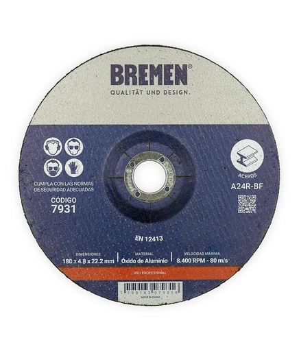 [7931] DISCO DE DESBASTE 7" (180x4.8x22mm) [5 unid]  BREMEN® (7931)
